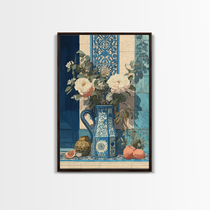 Blue and White Ceramic Pitcher Framed Canvas Print, French Country Art, Boho Decor, Farmhouse Decor, Fine Art, Country, FCA-2x3-83