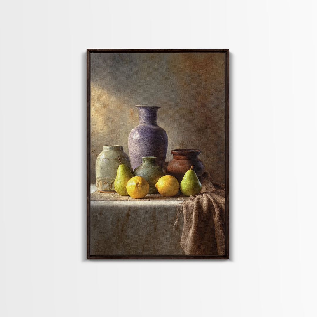 Pear Still Life on Linen Tablecloth Framed Canvas Print, French Country Art, Farmhouse Decor, Abstract Art, Country, FCA-2x3-84