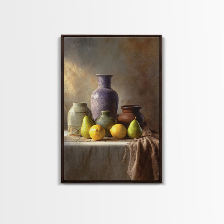 Pear Still Life on Linen Tablecloth Framed Canvas Print, French Country Art, Farmhouse Decor, Abstract Art, Country, FCA-2x3-84