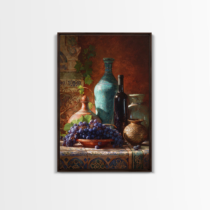 Grapes and Wine Still Life Framed Canvas Print, French Country Art, Wall Art, Farmhouse Decor, Watercolor Art, Country, FCA-2x3-89