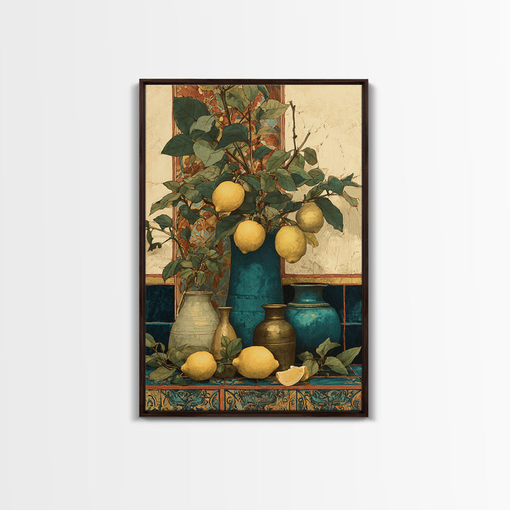 Aged Botanical Plate of Lemons and Leaves Framed Canvas Print, French Country Art, Farmhouse Decor, Fine Art, Country, FCA-2x3-92