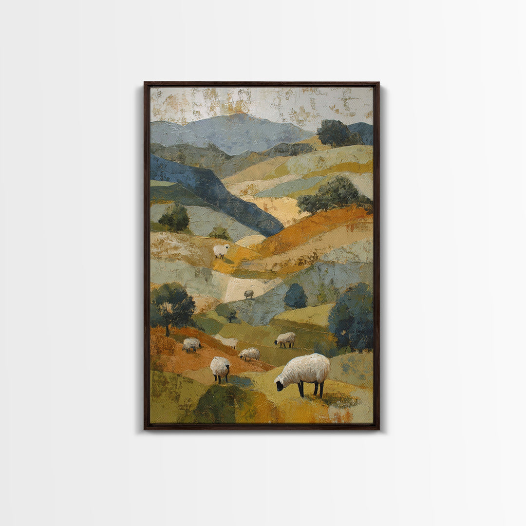 Pastoral Sheep in Rolling Countryside Framed Canvas Print, French Country Art, Textured Painting, Farmhouse Decor, Country, FCA-2x3-94