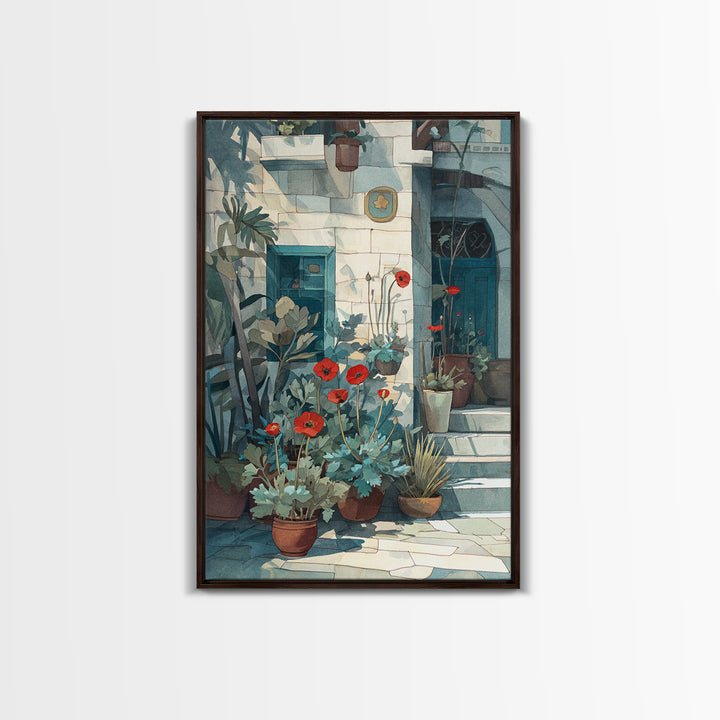 Poppies Beside a Stone Garden Wall Canvas Print, French Country Art, Art Print, Farmhouse Decor, Watercolor Art, Country, FCA-2x3-95