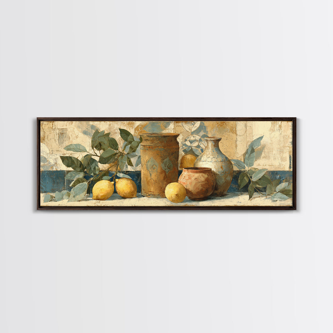 Aged Botanical Plate of Lemons and Leaves Canvas Print, French Country Art, Coastal Wall Art, Farmhouse Decor, Country, FCA-3x1-100