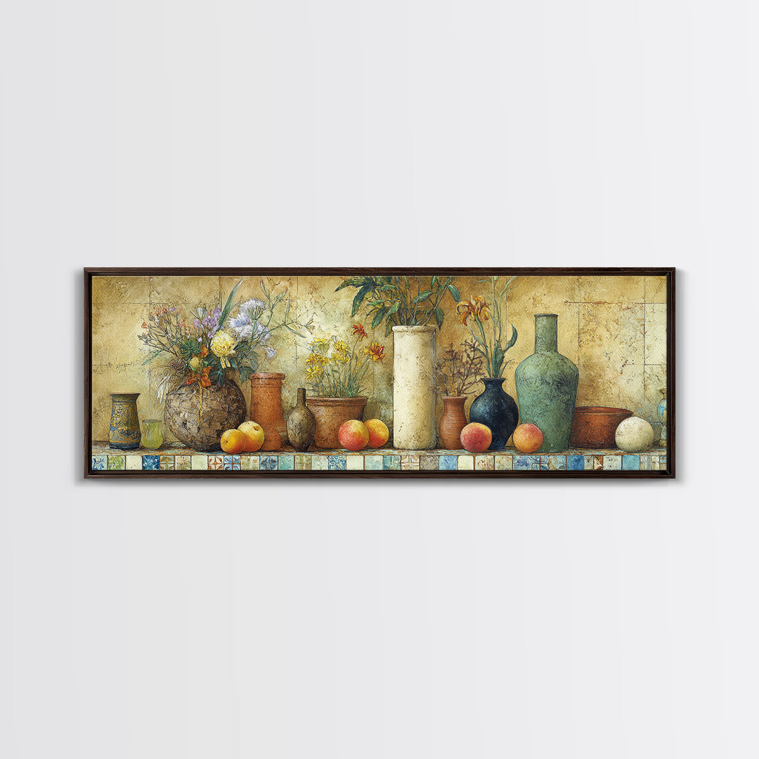 Basket of Fresh Peaches and Wildflowers Framed Canvas Print, French Country Art, Eclectic Wall Art, Farmhouse Decor, Country, FCA-3x1-12