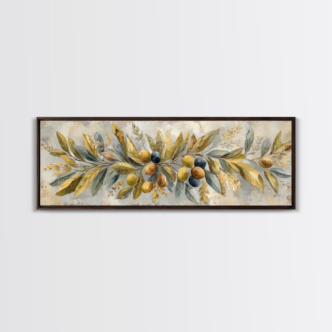 Olive Branch Wreath on Cream Ground Canvas Print, French Country Art, Landscape Painting, Farmhouse Decor, Watercolor Art, FCA-3x1-14