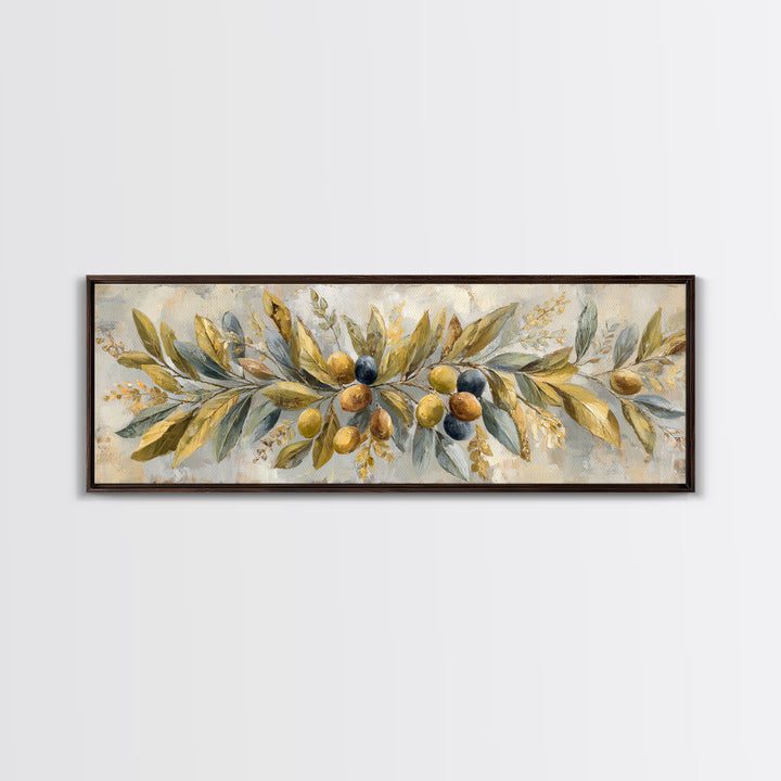 Olive Branch Wreath on Cream Ground Canvas Print, French Country Art, Landscape Painting, Farmhouse Decor, Watercolor Art, FCA-3x1-14