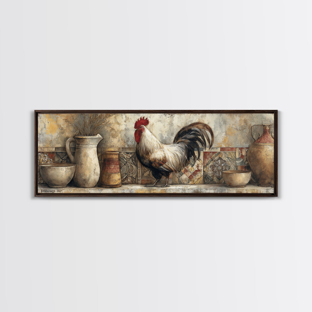 Rooster Portrait in Rustic French Palette Framed Canvas Print, French Country Art, Contemporary Art, Farmhouse Decor, Country, FCA-3x1-18