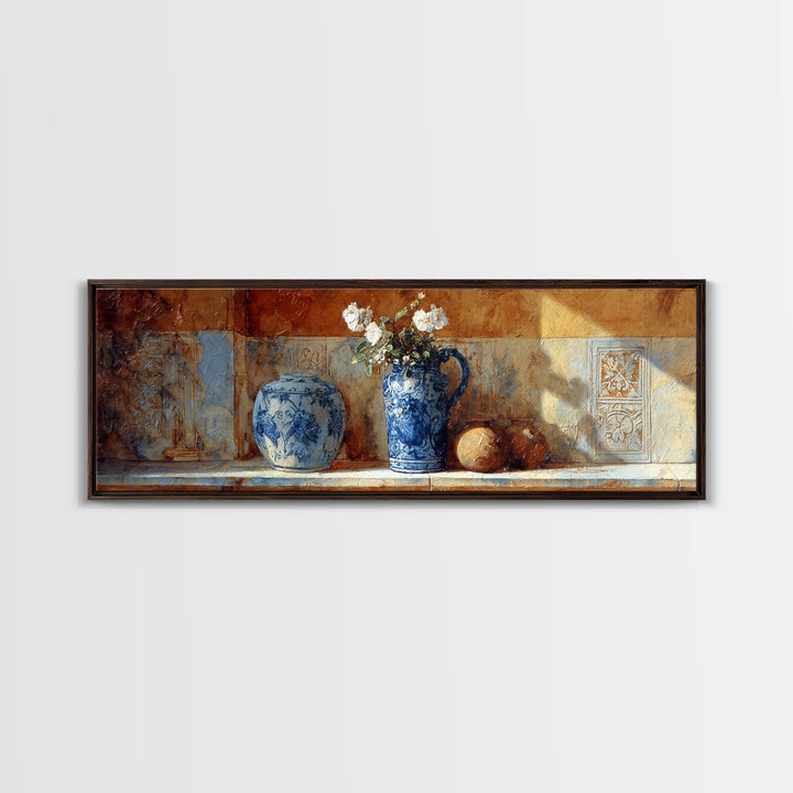 Blue and White Ceramic Pitcher Canvas Print, French Country Art, Digital Download Art, Farmhouse Decor, Watercolor Art, Country, FCA-3x1-19