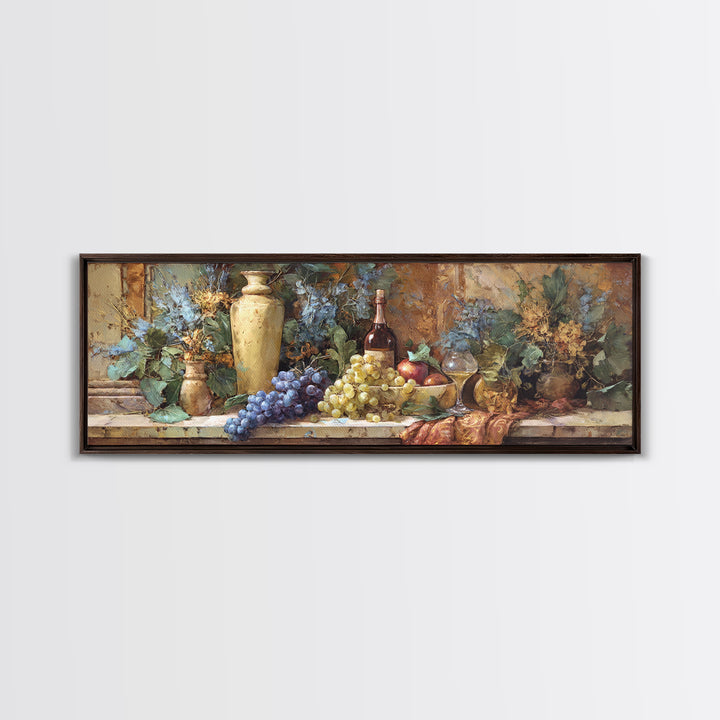 Grapes and Wine Still Life Canvas Print, French Country Art, Oil Painting, Farmhouse Decor, Abstract Art, Country, FCA-3x1-25