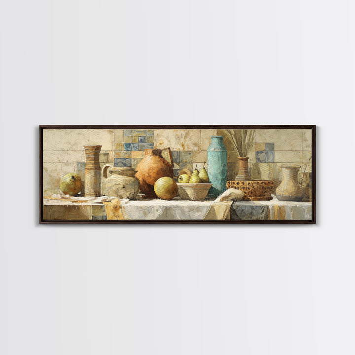 Pear Still Life on Linen Tablecloth Framed Canvas Print, French Country Art, Above Bed Art, Farmhouse Decor, Abstract Art, FCA-3x1-44