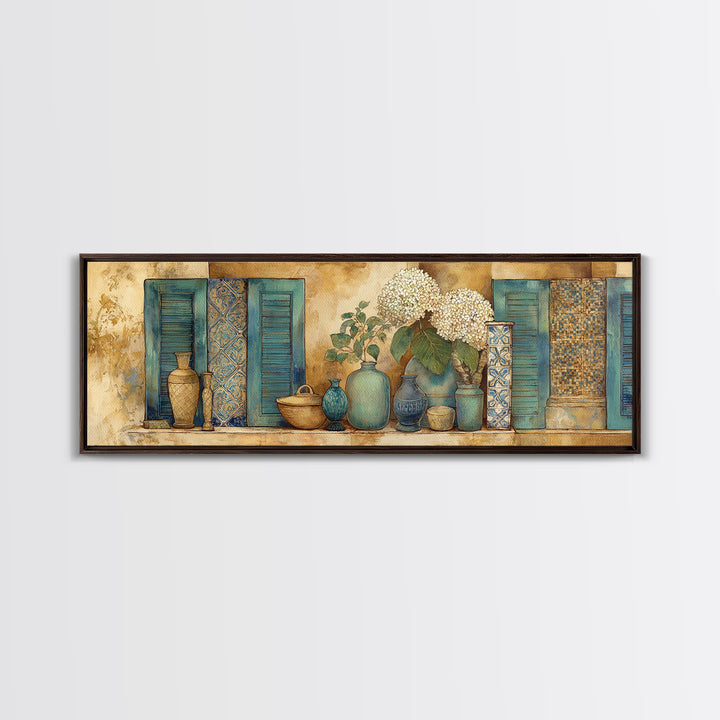 Soft Hydrangeas Beside Antique Shutters Canvas Print, French Country Art, Statement Artwork, Farmhouse Decor, Fine Art, Country, FCA-3x1-48
