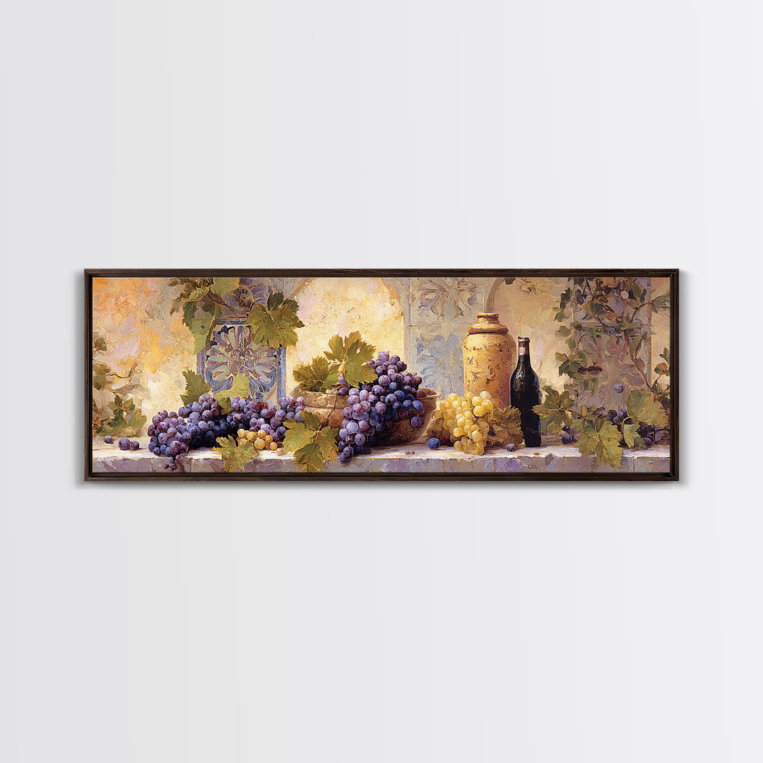 Grapes and Wine Still Life Canvas Print, French Country Art, Oil Painting, Farmhouse Decor, Abstract Art, Country, FCA-3x1-49