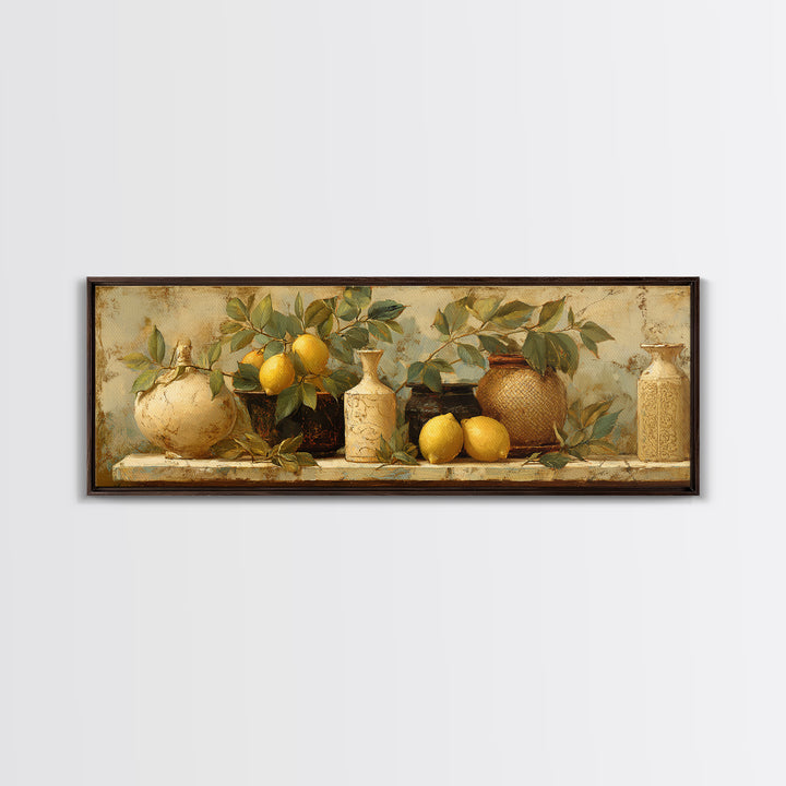Aged Botanical Plate of Lemons and Leaves Framed Canvas Print, French Country Art, Boho Decor, Farmhouse Decor, Country, FCA-3x1-52