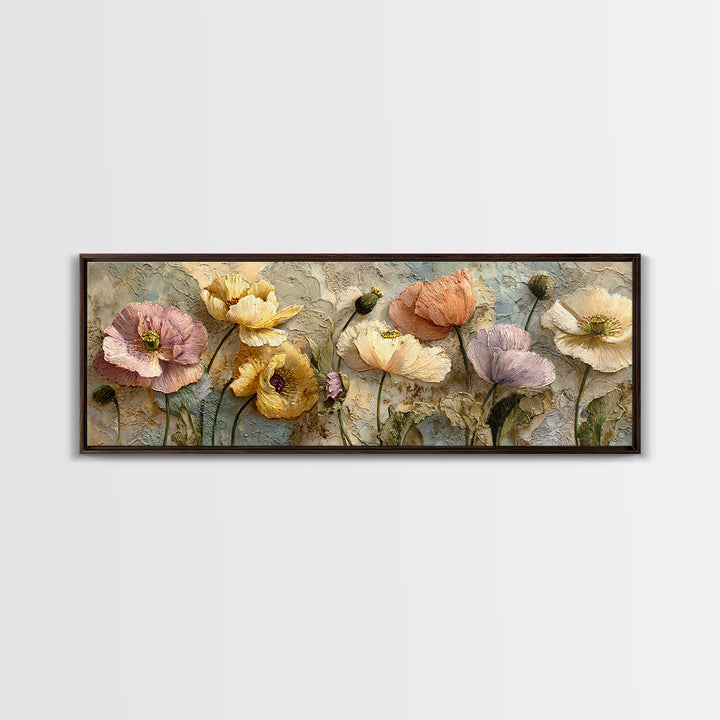 Poppies Beside a Stone Garden Wall Framed Canvas Print, French Country Art, Boho Decor, Farmhouse Decor, Oil Painting, Country, FCA-3x1-55