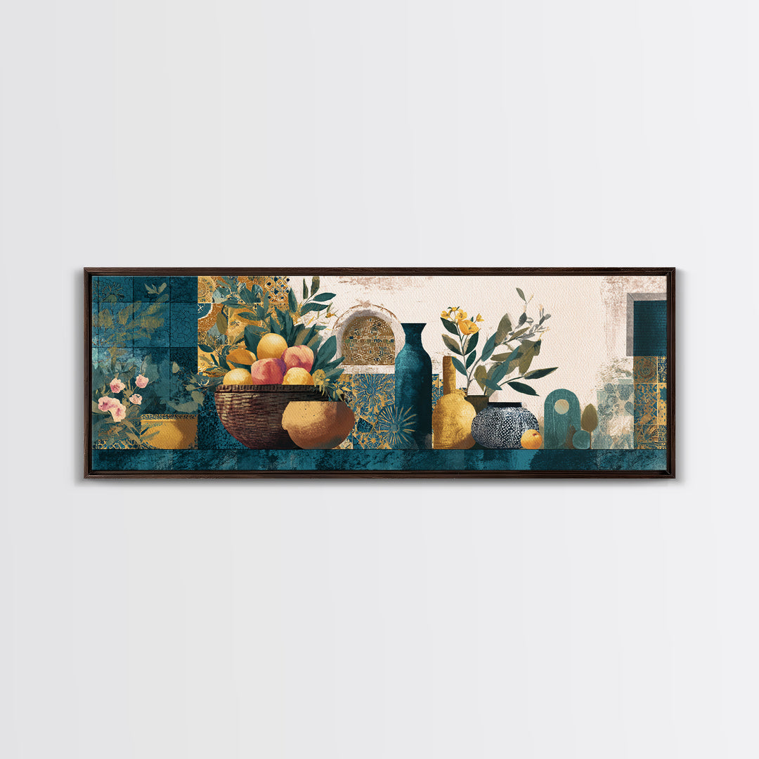 Basket of Fresh Peaches and Wildflowers Framed Canvas Print, French Country Art, Neutral Decor, Farmhouse Decor, Oil Painting, FCA-3x1-60