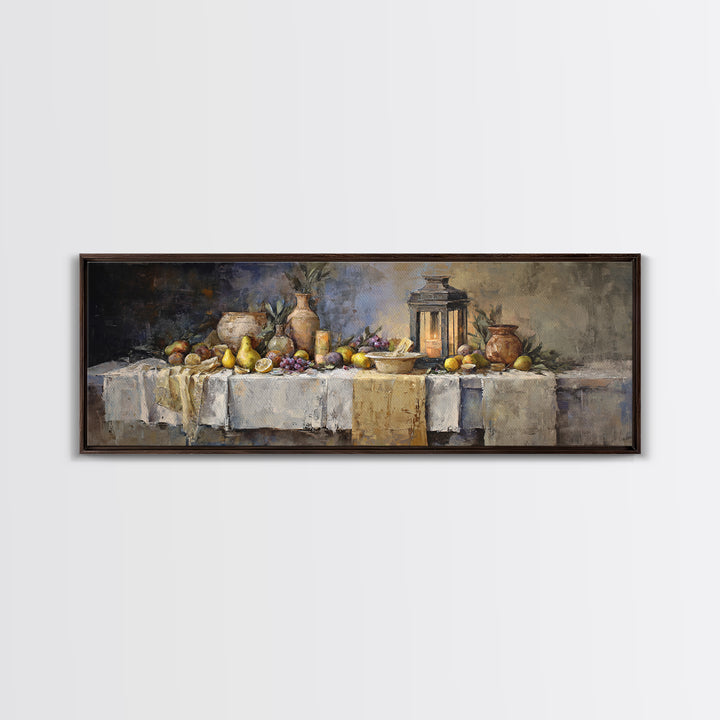 Pear Still Life on Linen Tablecloth Framed Canvas Print, French Country Art, Room Decor, Farmhouse Decor, Abstract Art, Country, FCA-3x1-68