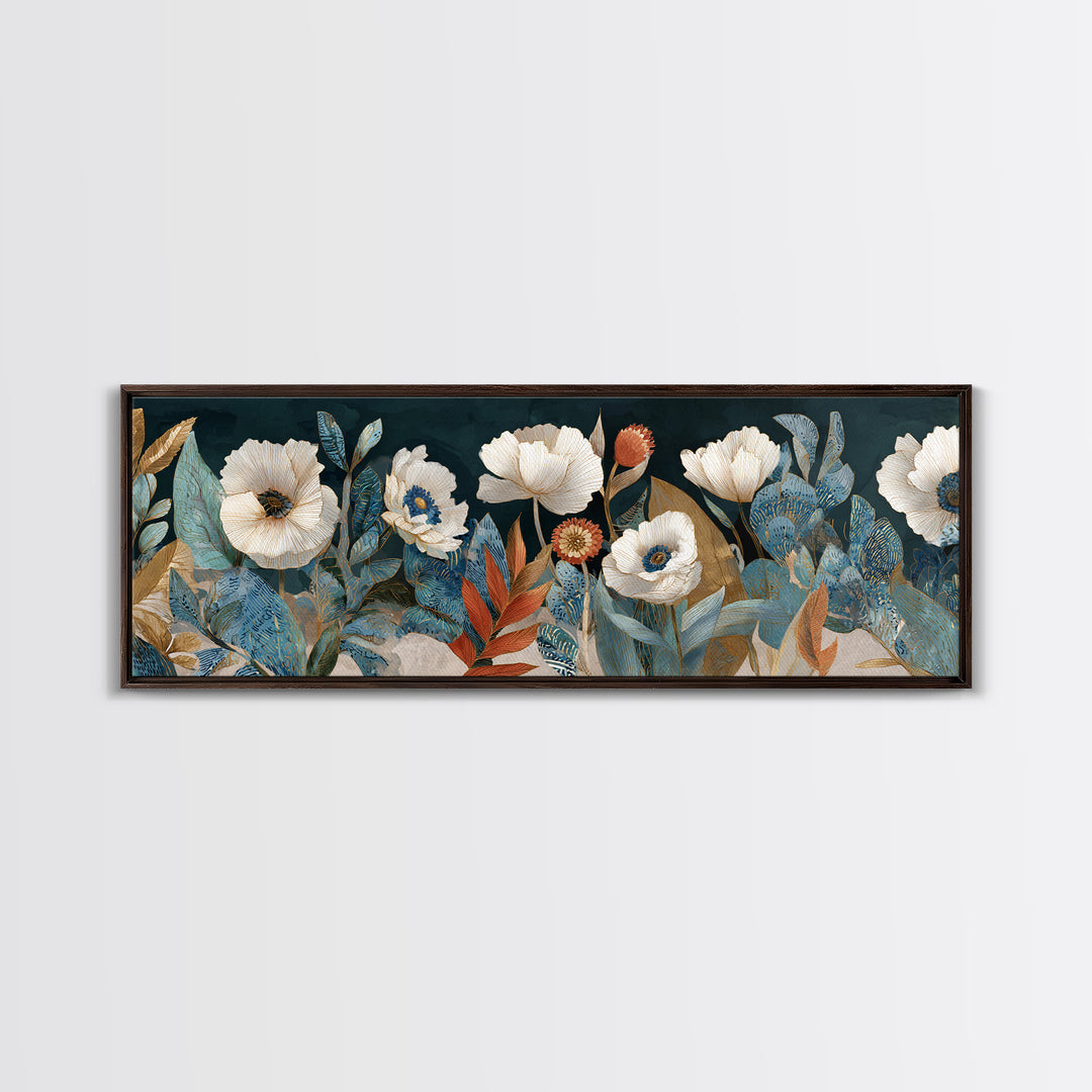 Poppies Beside a Stone Garden Wall Framed Canvas Print, French Country Art, Landscape Wall Art, Farmhouse Decor, Country, FCA-3x1-7
