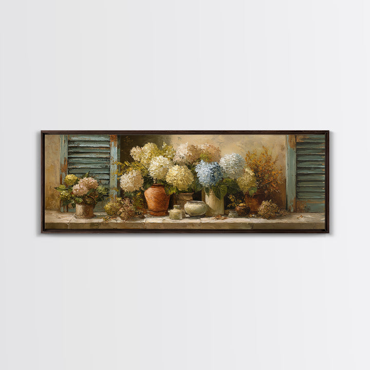 Soft Hydrangeas Beside Antique Shutters Framed Canvas Print, French Country Art, Textured Painting, Farmhouse Decor, Country, FCA-3x1-72
