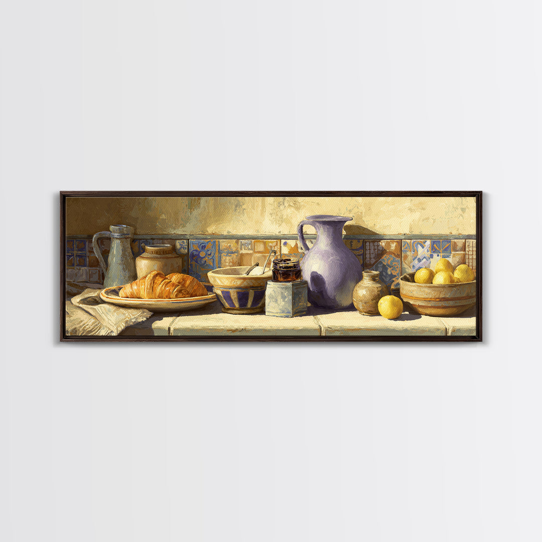 Caf Au Lait Bowl Framed Canvas Print, French Country Art, Digital Wall Art, Farmhouse Decor, Oil Painting, Country, FCA-3x1-74