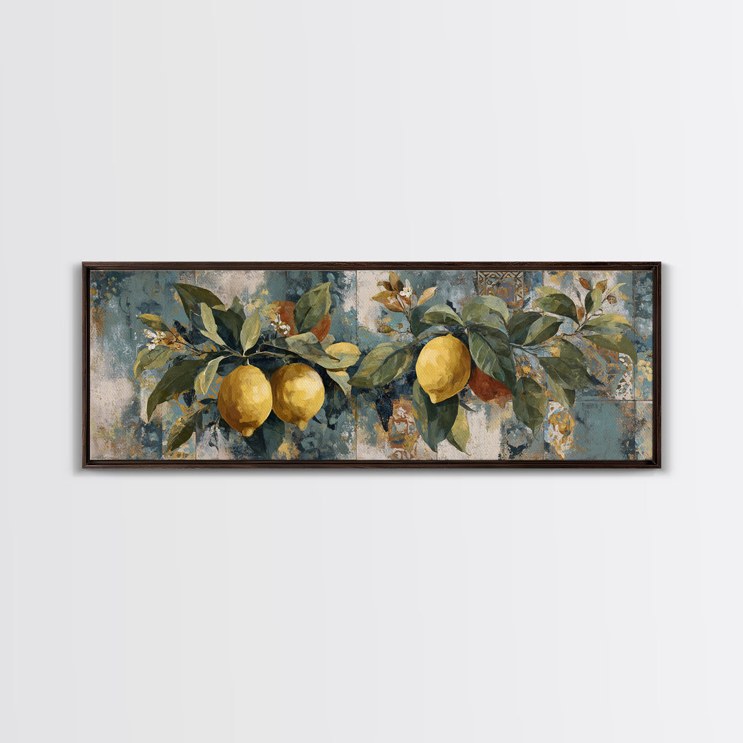 Aged Botanical Plate of Lemons and Leaves Canvas Print, French Country Art, Farmhouse Decor, Oil Painting, Country, FCA-3x1-76