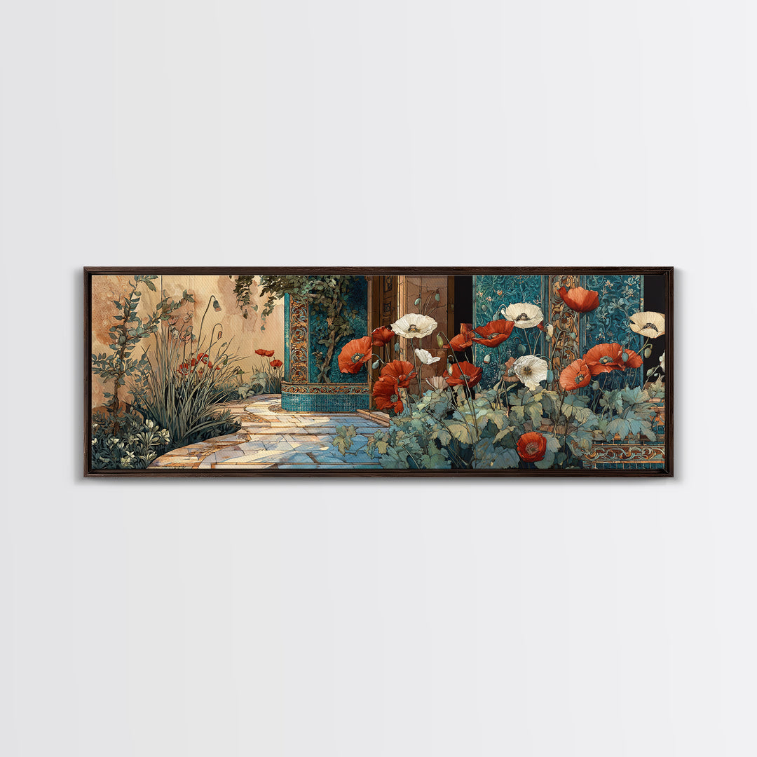 Poppies Beside a Stone Garden Wall Framed Canvas Print, French Country Art, Digital Art, Farmhouse Decor, Watercolor Art, FCA-3x1-79
