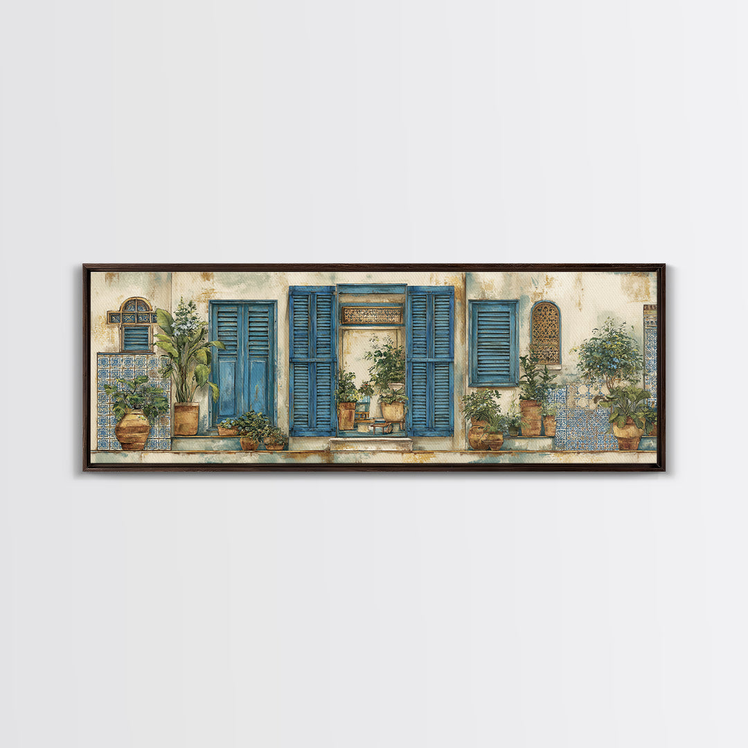 Weathered Window with Blue Shutters Canvas Print, French Country Art, Home Decor Gift, Farmhouse Decor, Oil Painting, Country, FCA-3x1-85