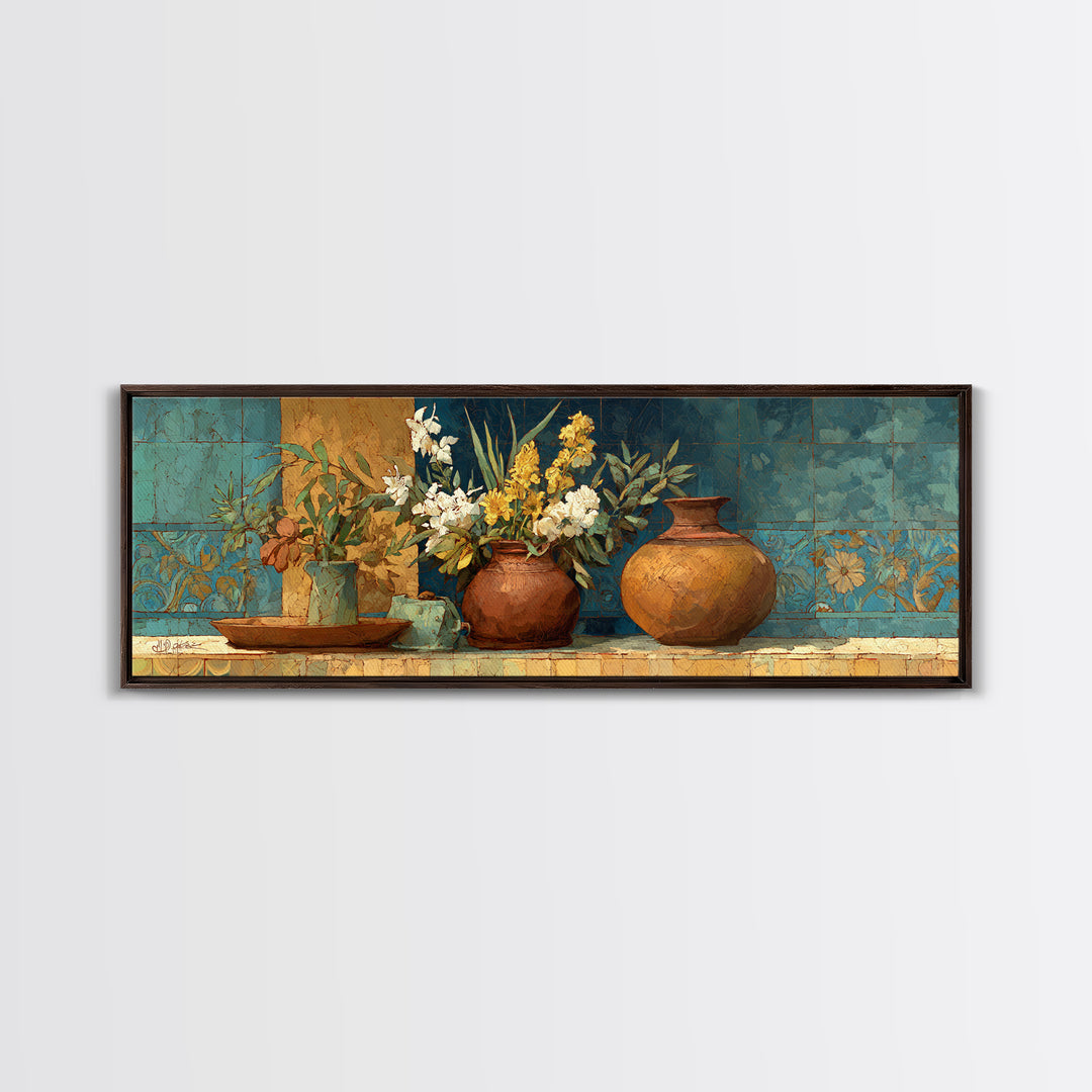 Antique Copper Pot and Flowers Still Life Canvas Print, French Country Art, Art Print, Farmhouse Decor, Watercolor Art, Country, FCA-3x1-88