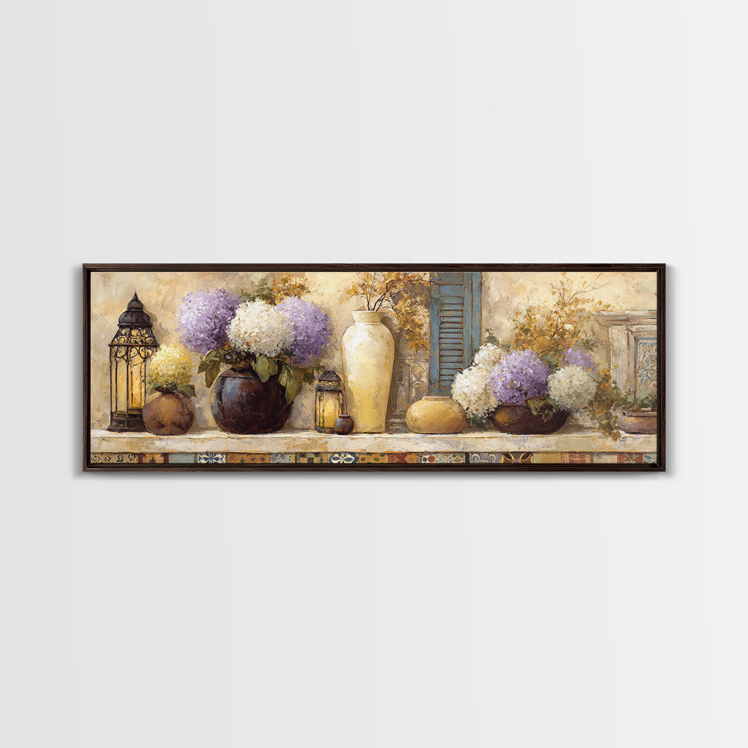Soft Hydrangeas Beside Antique Shutters Canvas Print, French Country Art, Botanical Prints, Farmhouse Decor, Fine Art, Country, FCA-3x1-96