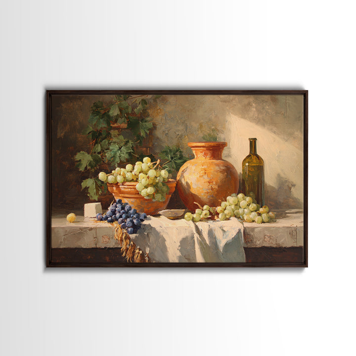 Grapes and Wine Still Life Framed Canvas Print, French Country Art, Wall Art, Farmhouse Decor, Watercolor Art, Country, FCA-3x2-13