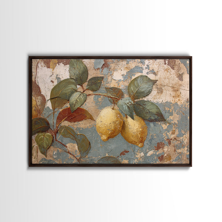 Aged Botanical Plate of Lemons and Leaves Canvas Print, French Country Art, Art Print, Farmhouse Decor, Watercolor Art, Country, FCA-3x2-16