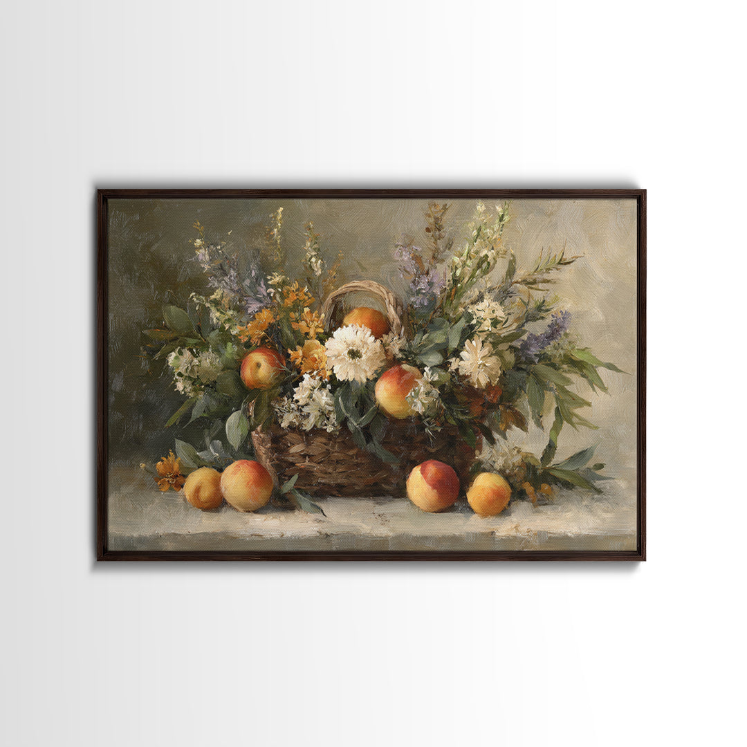 Basket of Fresh Peaches and Wildflowers Framed Canvas Print, French Country Art, Textured Painting, Farmhouse Decor, Country, FCA-3x2-24