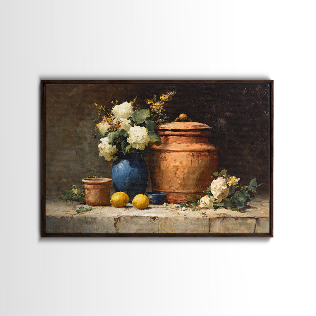 Antique Copper Pot and Flowers Still Life Framed Canvas Print, French Country Art, Boho Decor, Farmhouse Decor, Country, FCA-3x2-28
