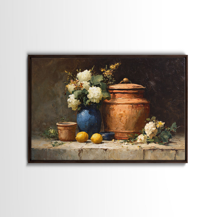 Antique Copper Pot and Flowers Still Life Framed Canvas Print, French Country Art, Boho Decor, Farmhouse Decor, Country, FCA-3x2-28