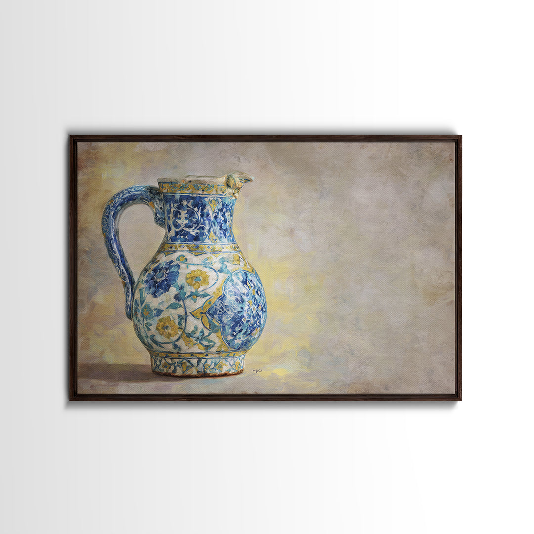 Blue and White Ceramic Pitcher Framed Canvas Print, French Country Art, Digital Art, Farmhouse Decor, Fine Art, Country, FCA-3x2-31