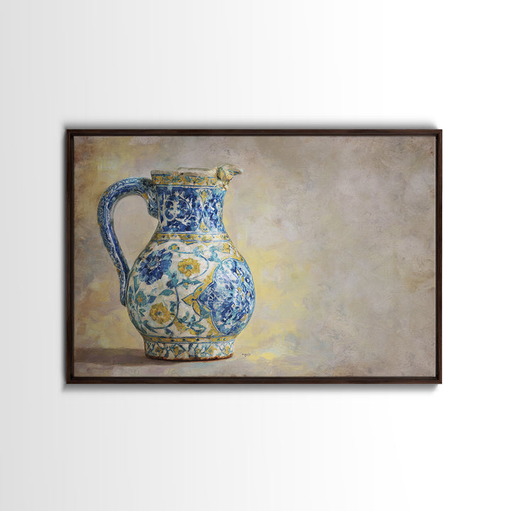 Blue and White Ceramic Pitcher Framed Canvas Print, French Country Art, Digital Art, Farmhouse Decor, Fine Art, Country, FCA-3x2-31