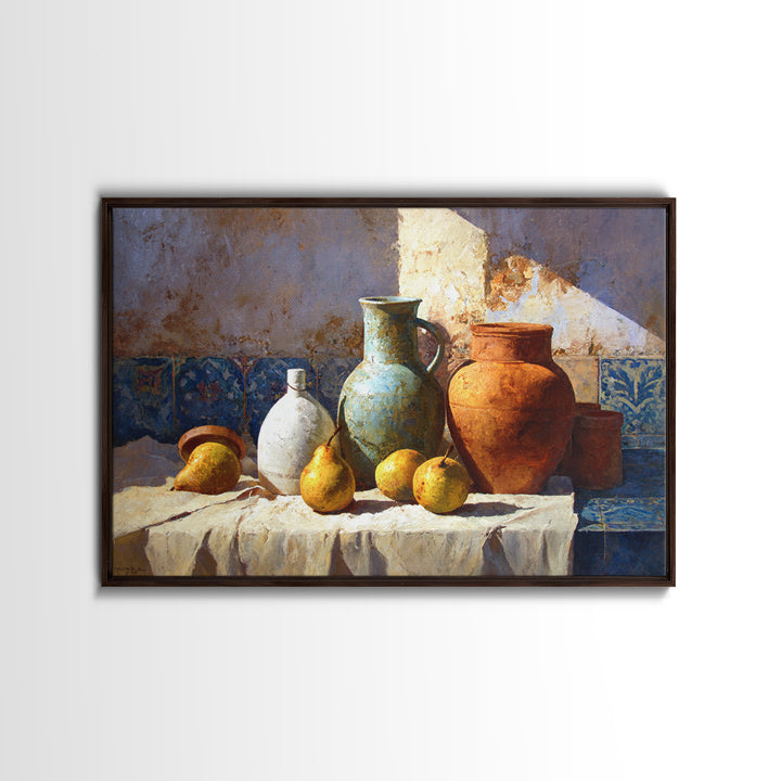 Pear Still Life on Linen Tablecloth Canvas Print, French Country Art, Minimalist Decor, Farmhouse Decor, Fine Art, Country, FCA-3x2-32