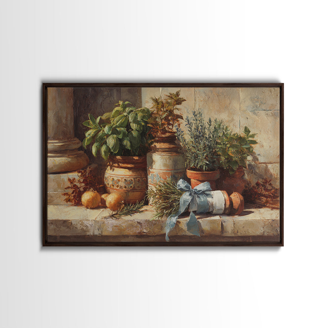 Farmhouse Kitchen Herbs Tied Framed Canvas Print, French Country Art, Digital Wall Art, Farmhouse Decor, Watercolor Art, FCA-3x2-41