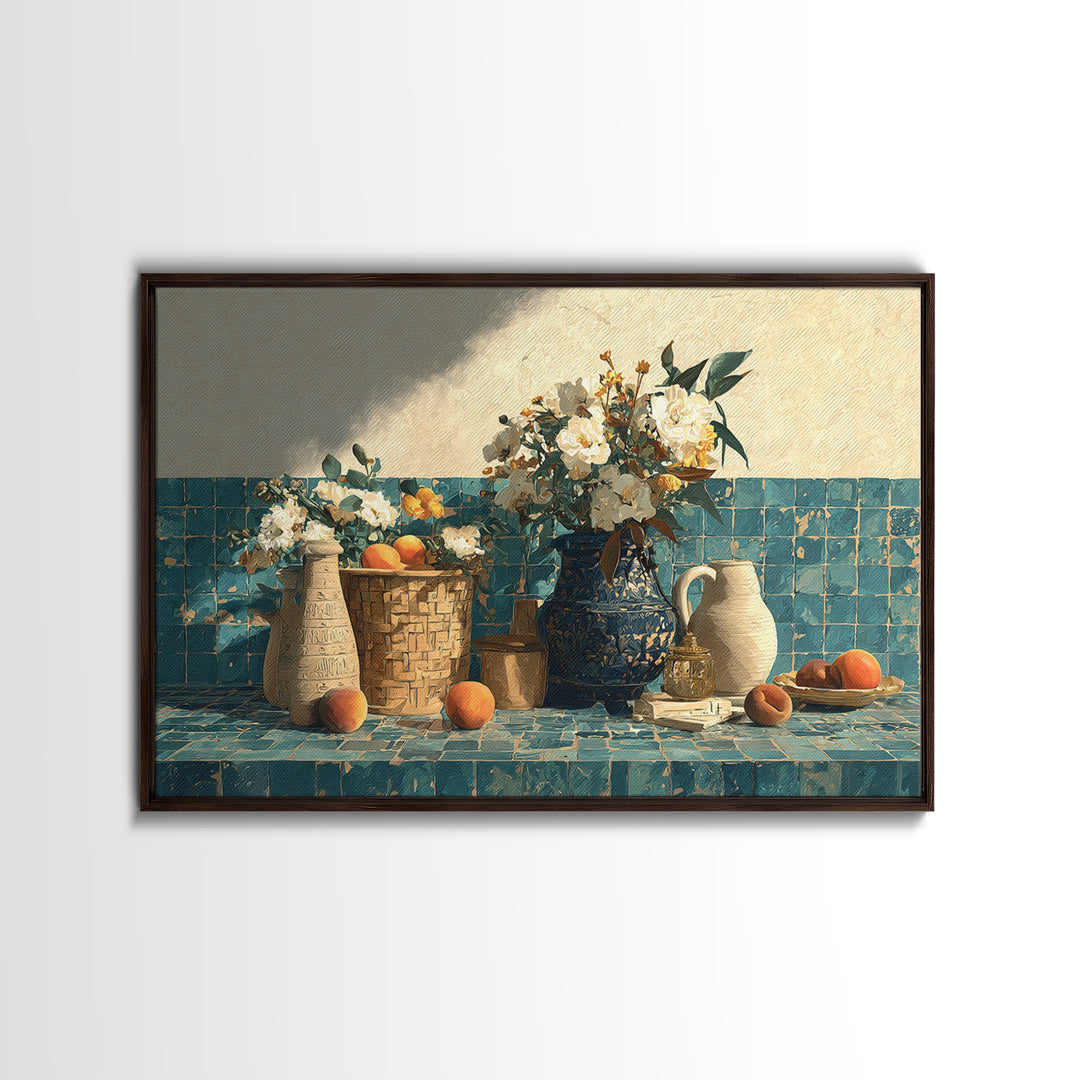 Basket of Fresh Peaches and Wildflowers Canvas Print, French Country Art, Digital Prints, Farmhouse Decor, Fine Art, Country, FCA-3x2-48