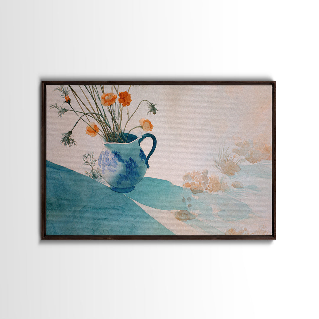 Blue and White Ceramic Pitcher Framed Canvas Print, French Country Art, Landscape Wall Art, Farmhouse Decor, Watercolor Art, FCA-3x2-55