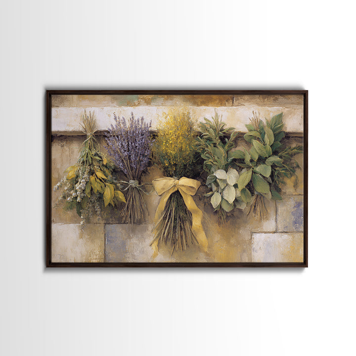 Farmhouse Kitchen Herbs Tied Framed Canvas Print, French Country Art, Digital Wall Art, Farmhouse Decor, Watercolor Art, FCA-3x2-65