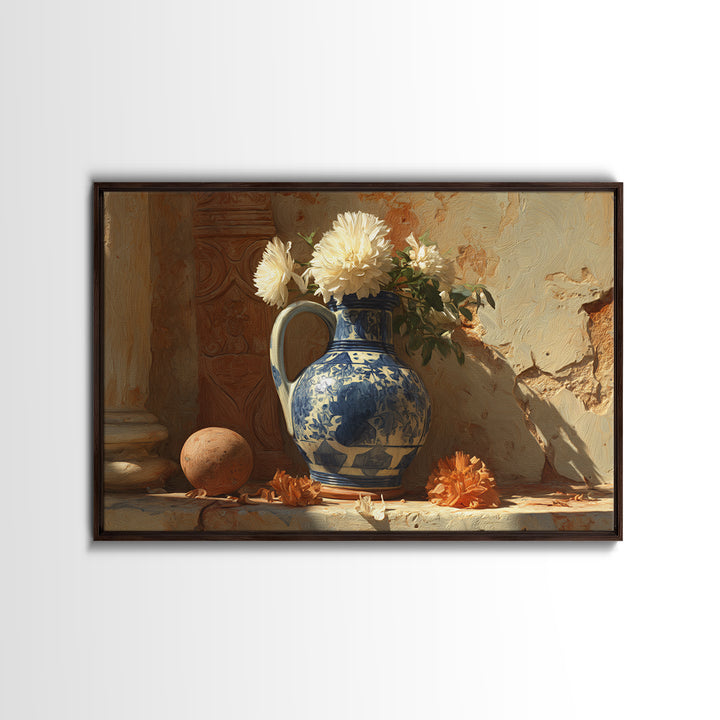 Blue and White Ceramic Pitcher Framed Canvas Print, French Country Art, Landscape Wall Art, Farmhouse Decor, Fine Art, Country, FCA-3x2-7