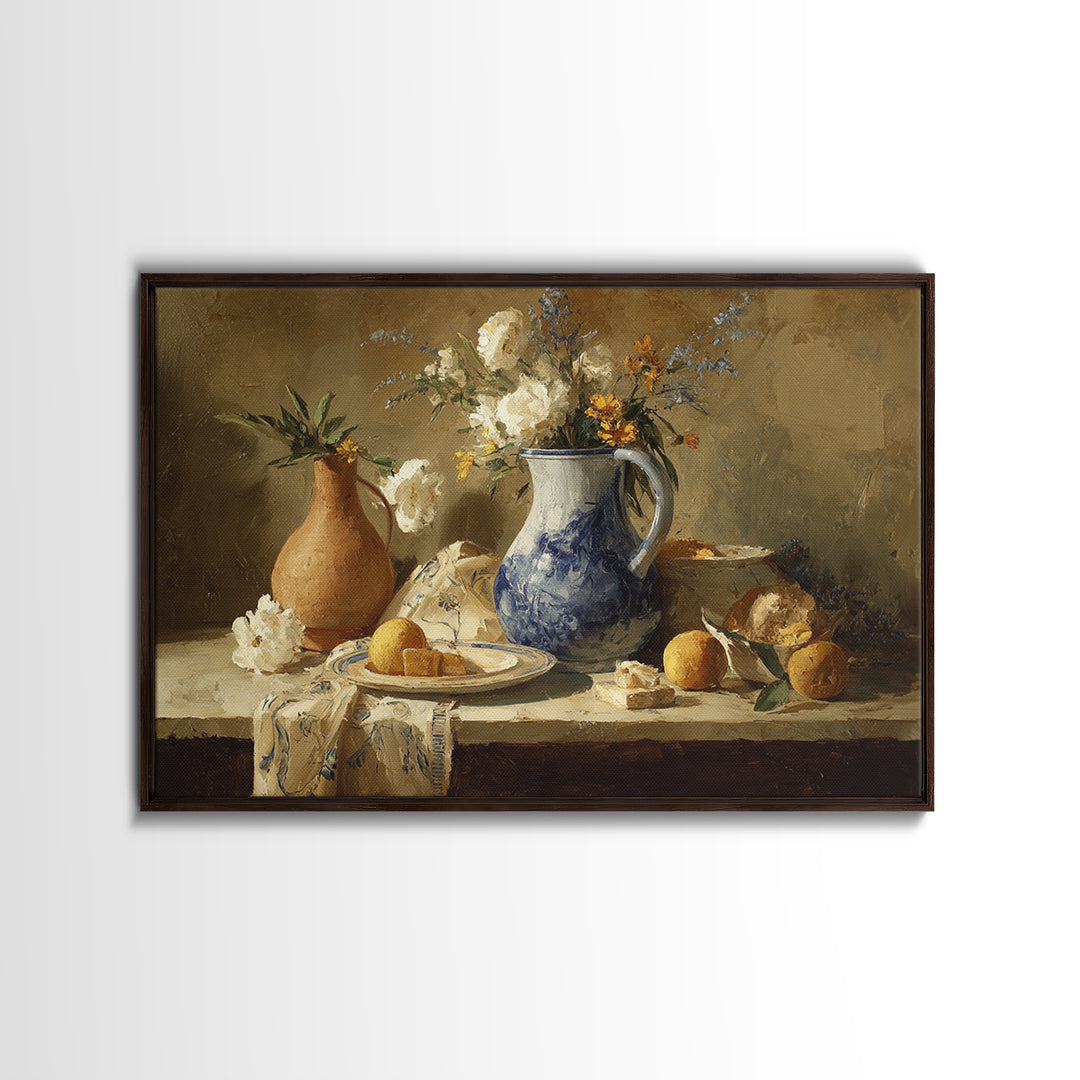 Blue and White Ceramic Pitcher Framed Canvas Print, French Country Art, Digital Art, Farmhouse Decor, Watercolor Art, Country, FCA-3x2-79