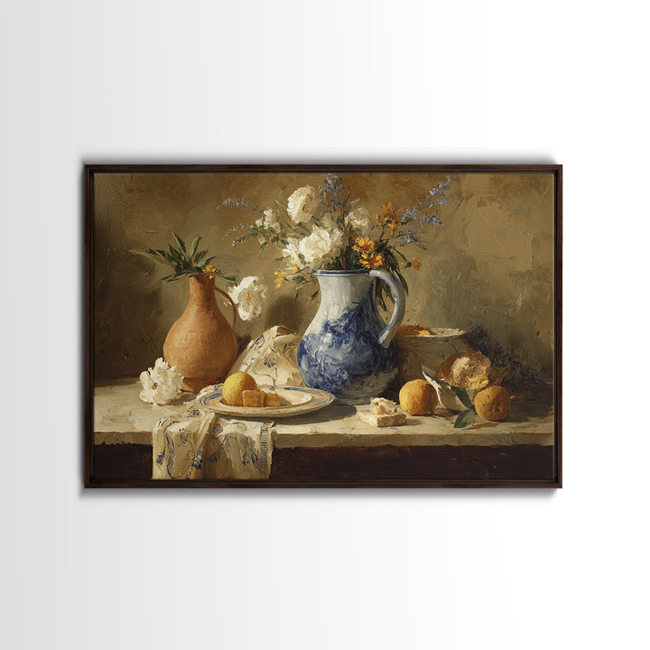 Blue and White Ceramic Pitcher Framed Canvas Print, French Country Art, Digital Art, Farmhouse Decor, Watercolor Art, Country, FCA-3x2-79