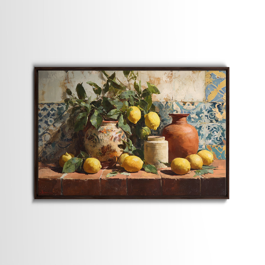 Aged Botanical Plate of Lemons and Leaves Canvas Print, French Country Art, Coastal Wall Art, Farmhouse Decor, Oil Painting, FCA-3x2-88