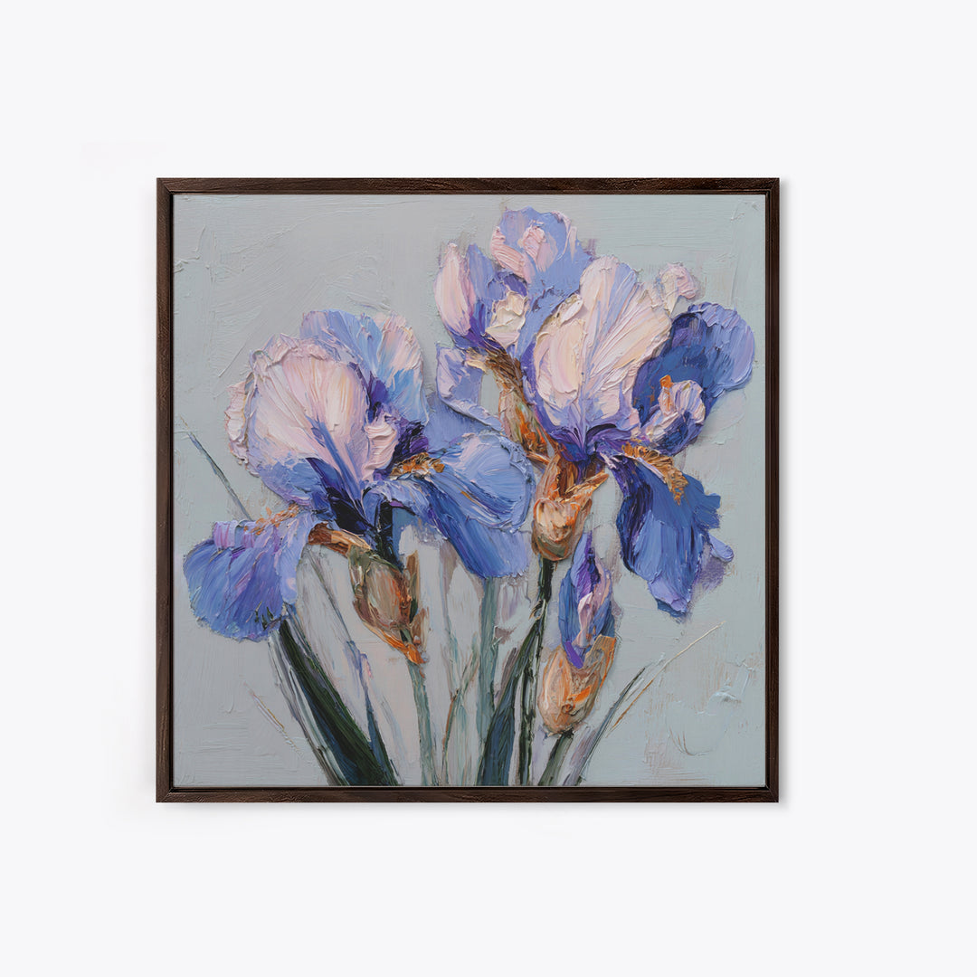 Irises Painted with Expressive Blue Strokes Framed Canvas Print, Floral Art, Botanical Curtain, Living Room Decor, Oil Painting, FLO-1x1-46