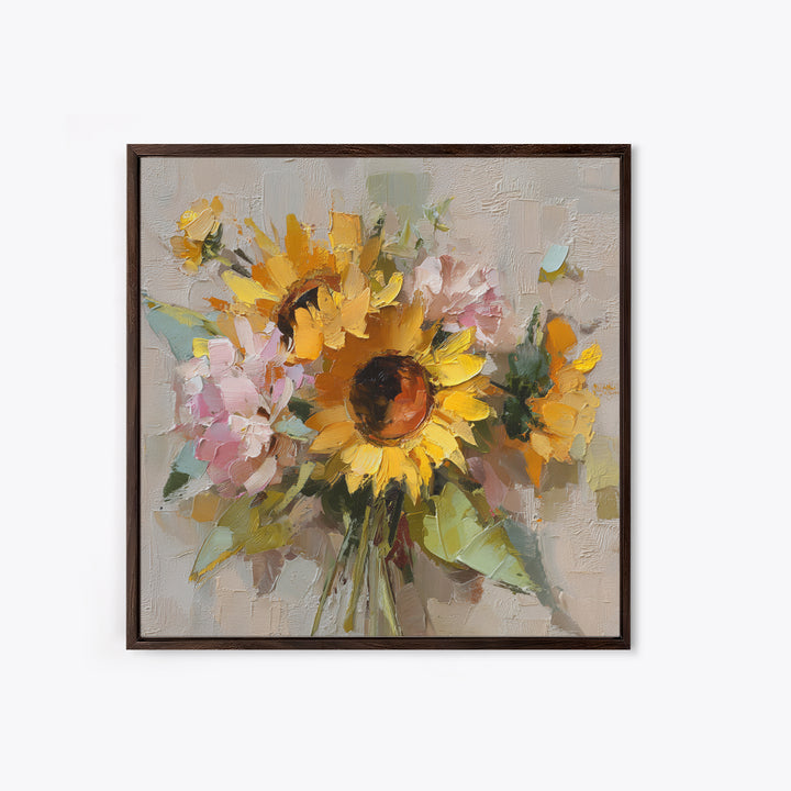 Sunflower Bouquet in Bold Golden Tones Framed Canvas Print, Floral Art, Textured Painting, Living Room Decor, Fine Art, Bloom, FLO-1x1-53