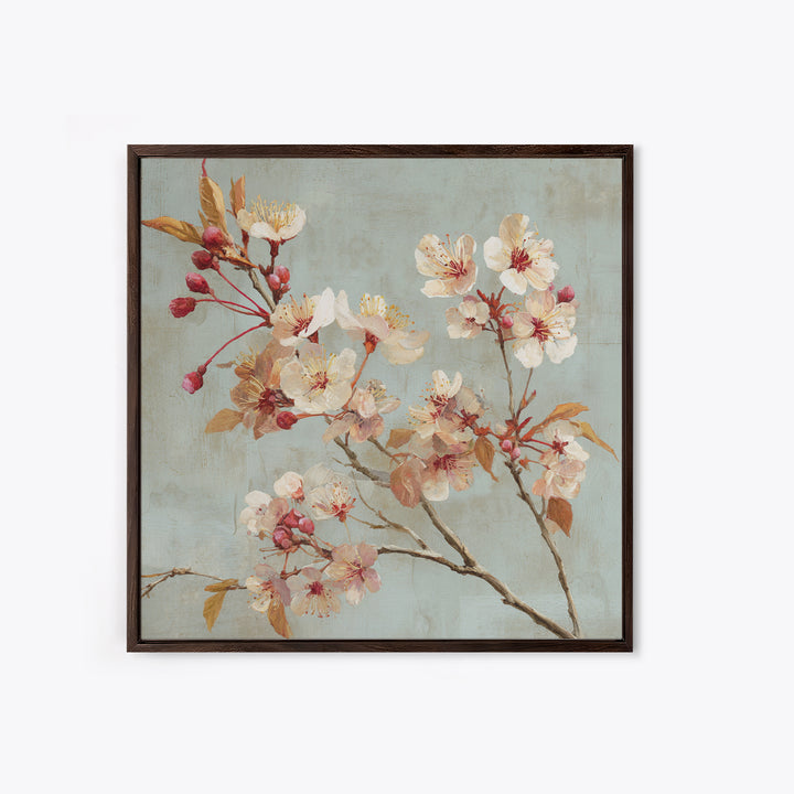 Delicate Cherry Blossom Branch on Pale Sky Framed Canvas Print, Floral Art, Statement Artwork, Living Room Decor, Bloom, FLO-1x1-78