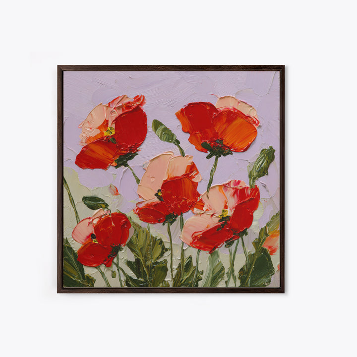 Poppy Field with Red Petals and Green Framed Canvas Print, Floral Art, Printable, Living Room Decor, Oil Painting, Bloom, FLO-1x1-8
