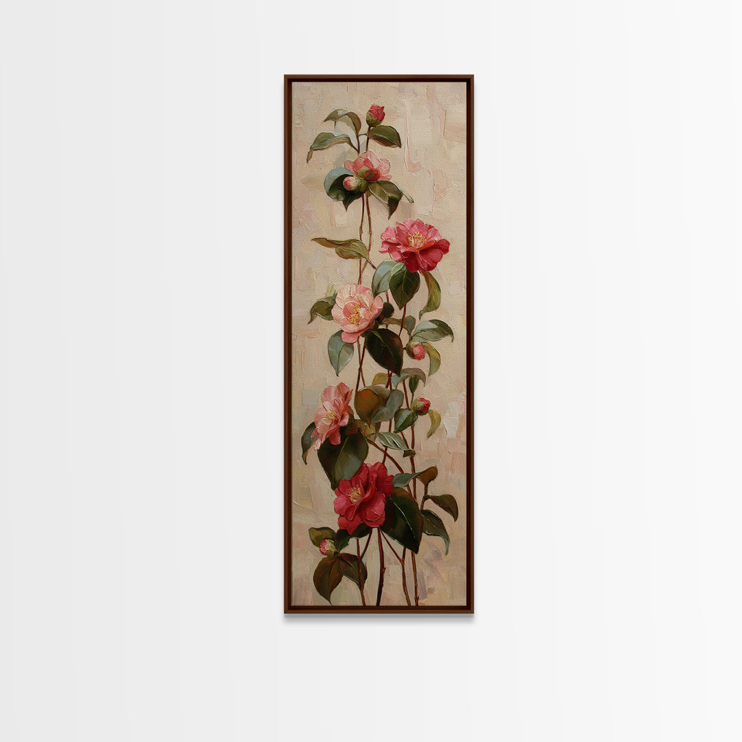 Camellia Bloom with Glossy Leaves Canvas Print, Floral Art, Botanical Curtain, Living Room Decor, Oil Painting, Bloom, FLO-1x3-100